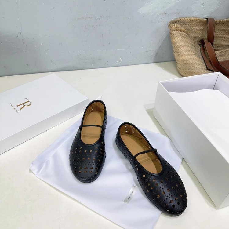 The Row Perforated Mary Jane Flats Black Shoes - 17