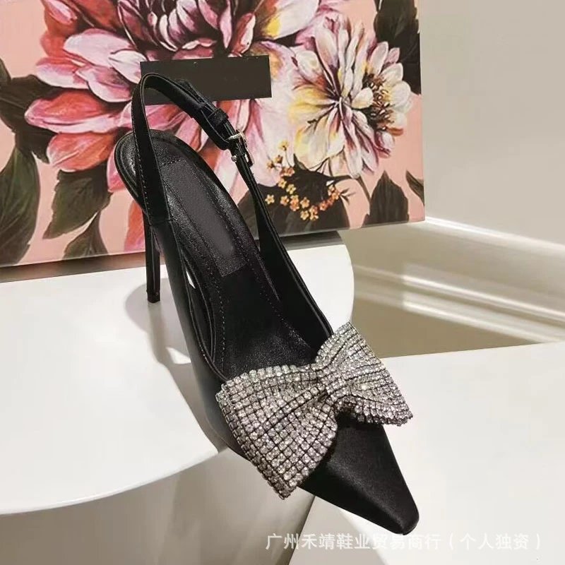 Design Crystal Bow Slingback Stiletto Heels Beige - 10