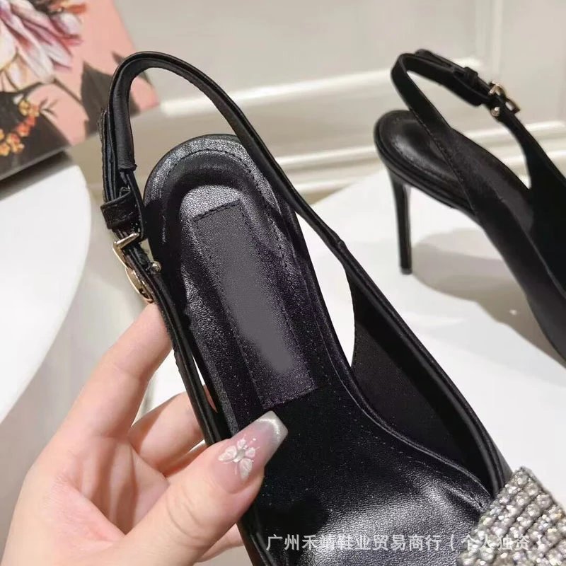 Design Crystal Bow Slingback Stiletto Heels Beige - 11