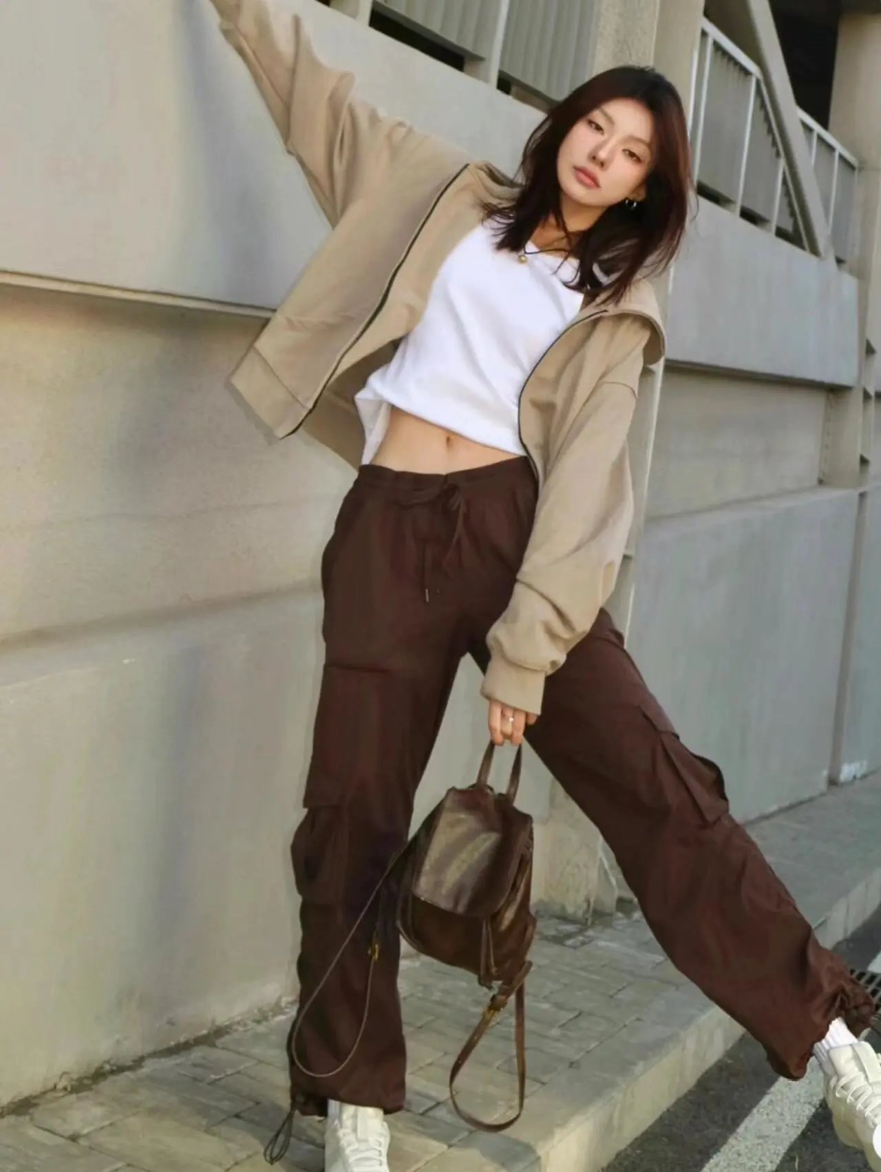 Design Cargo Pants in Off-White with Drawstring Waist and Utility Pockets - 33
