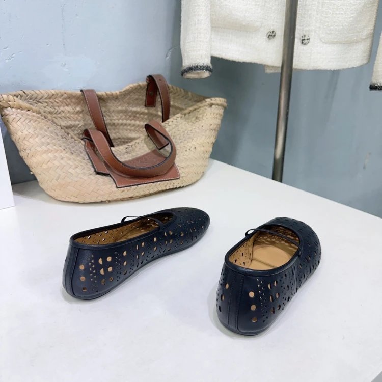 The Row Perforated Mary Jane Flats Black Shoes - 14