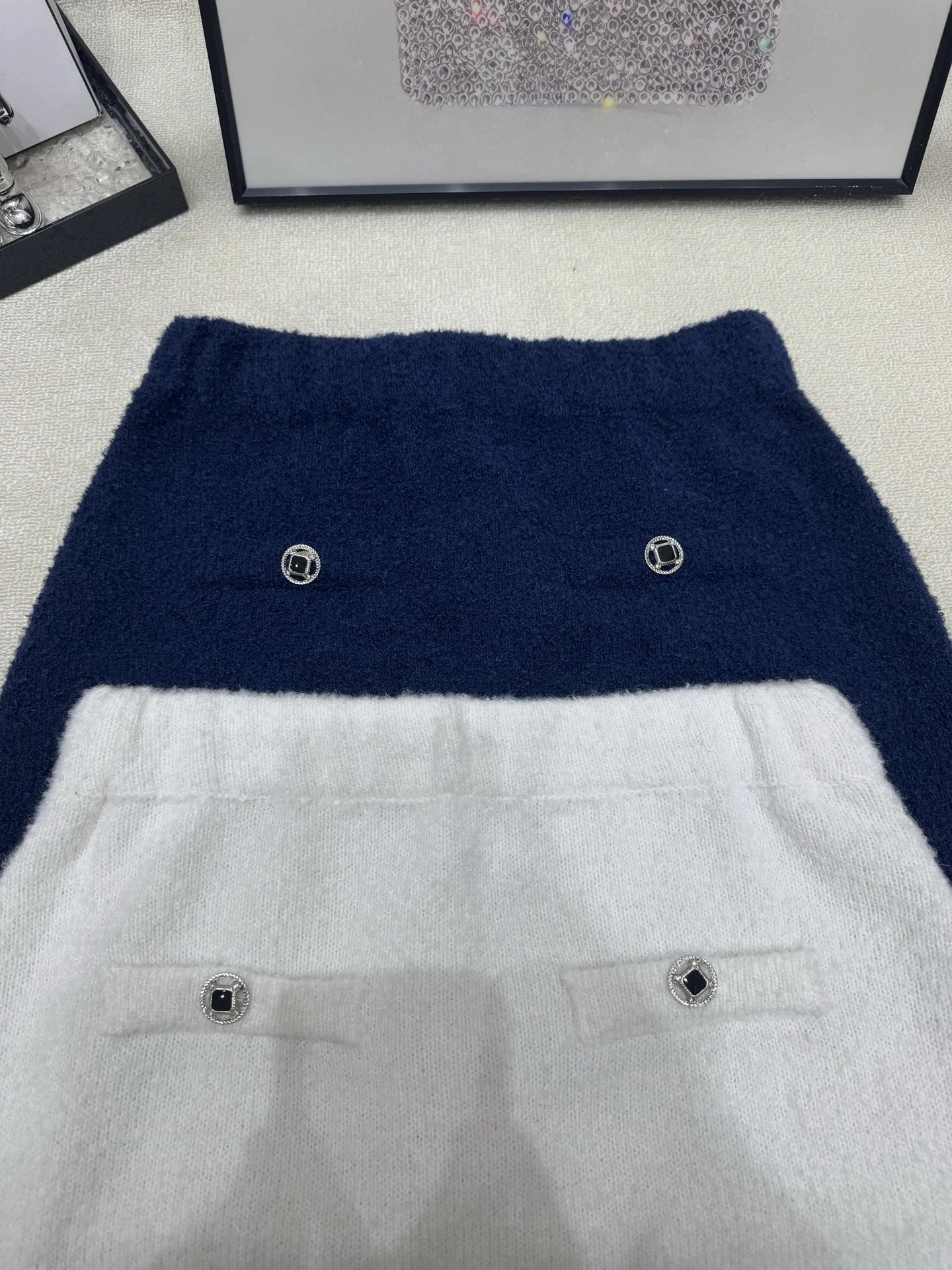 Off-White Tweed Mini Skirt with Black Stripes and Metal Buttons - 8