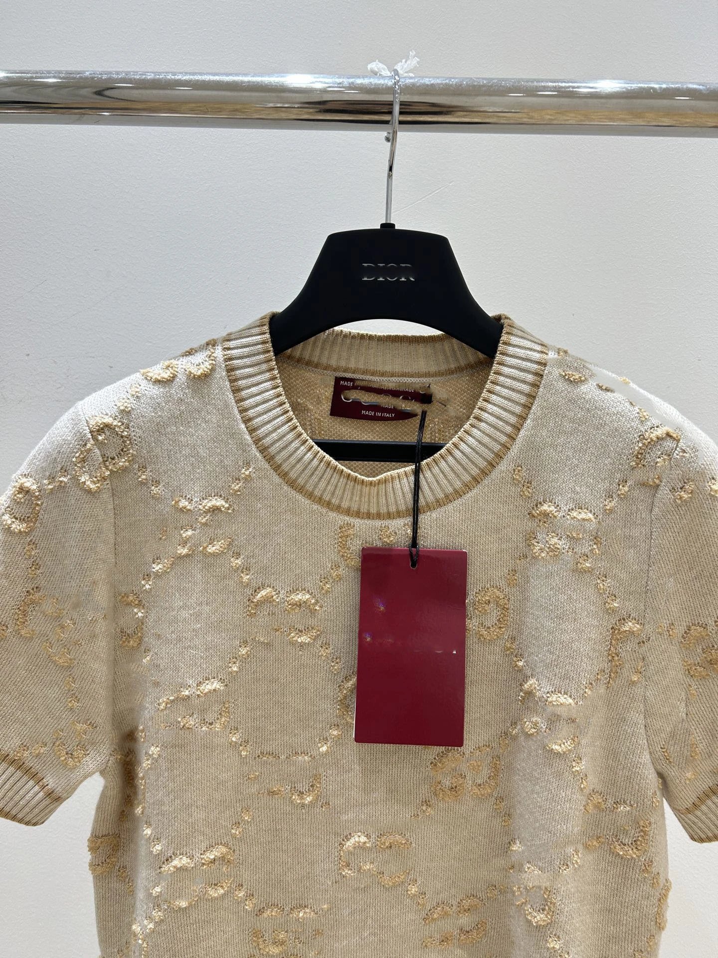 Gucci GG Embroidered Knit Short-Sleeve Sweater Beige - 5