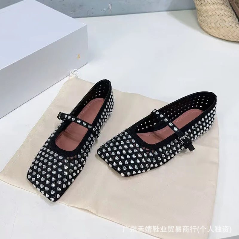 Design Crystal-Embellished Perforated Mary Jane Flats Beige Shoes - 9