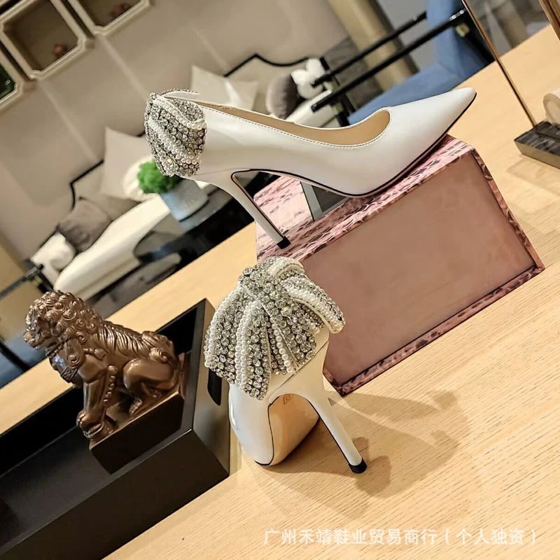 Black Suede Pointed-Toe Pumps with Embellished Bow Heels - 9