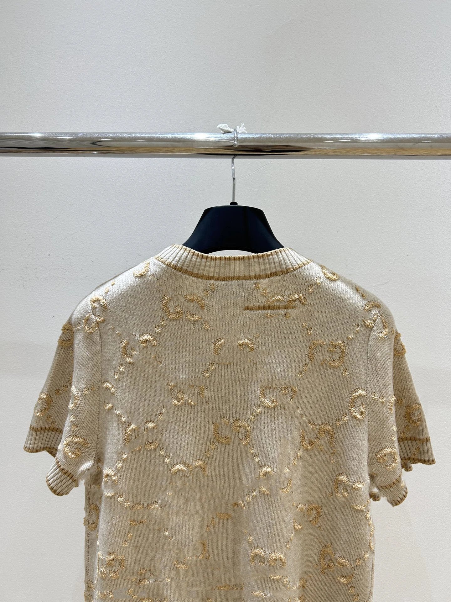 Gucci GG Embroidered Knit Short-Sleeve Sweater Beige - 12