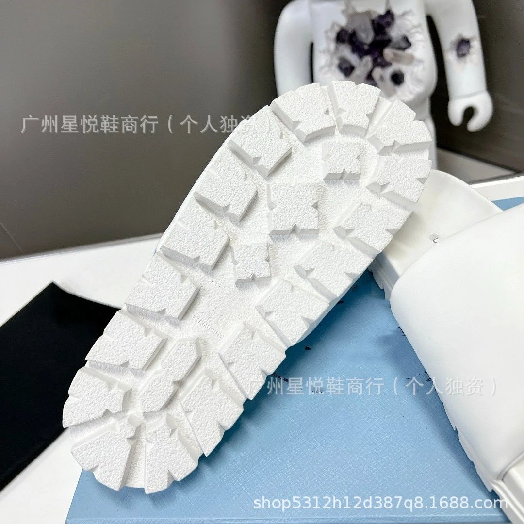 Prada Triangle Logo Slide Sandals White Slippers - 17