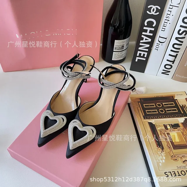 Unbranded High Heels Pointed-Toe Satin Pumps with Rhinestone Heart Detail and Ankle Wrap Straps product detail image 17