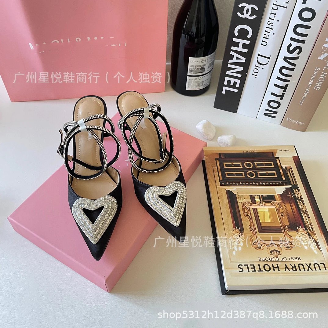 Unbranded High Heels Pointed-Toe Satin Pumps with Rhinestone Heart Detail and Ankle Wrap Straps image 4