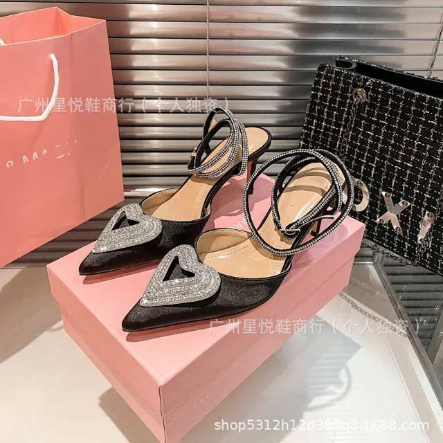 Unbranded High Heels Pointed-Toe Satin Pumps with Rhinestone Heart Detail and Ankle Wrap Straps product detail image 4