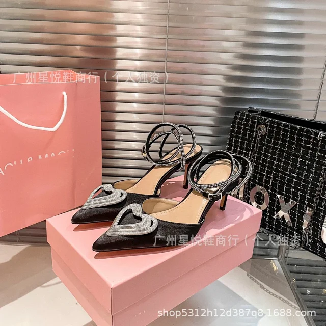 Unbranded High Heels Pointed-Toe Satin Pumps with Rhinestone Heart Detail and Ankle Wrap Straps product detail image 6