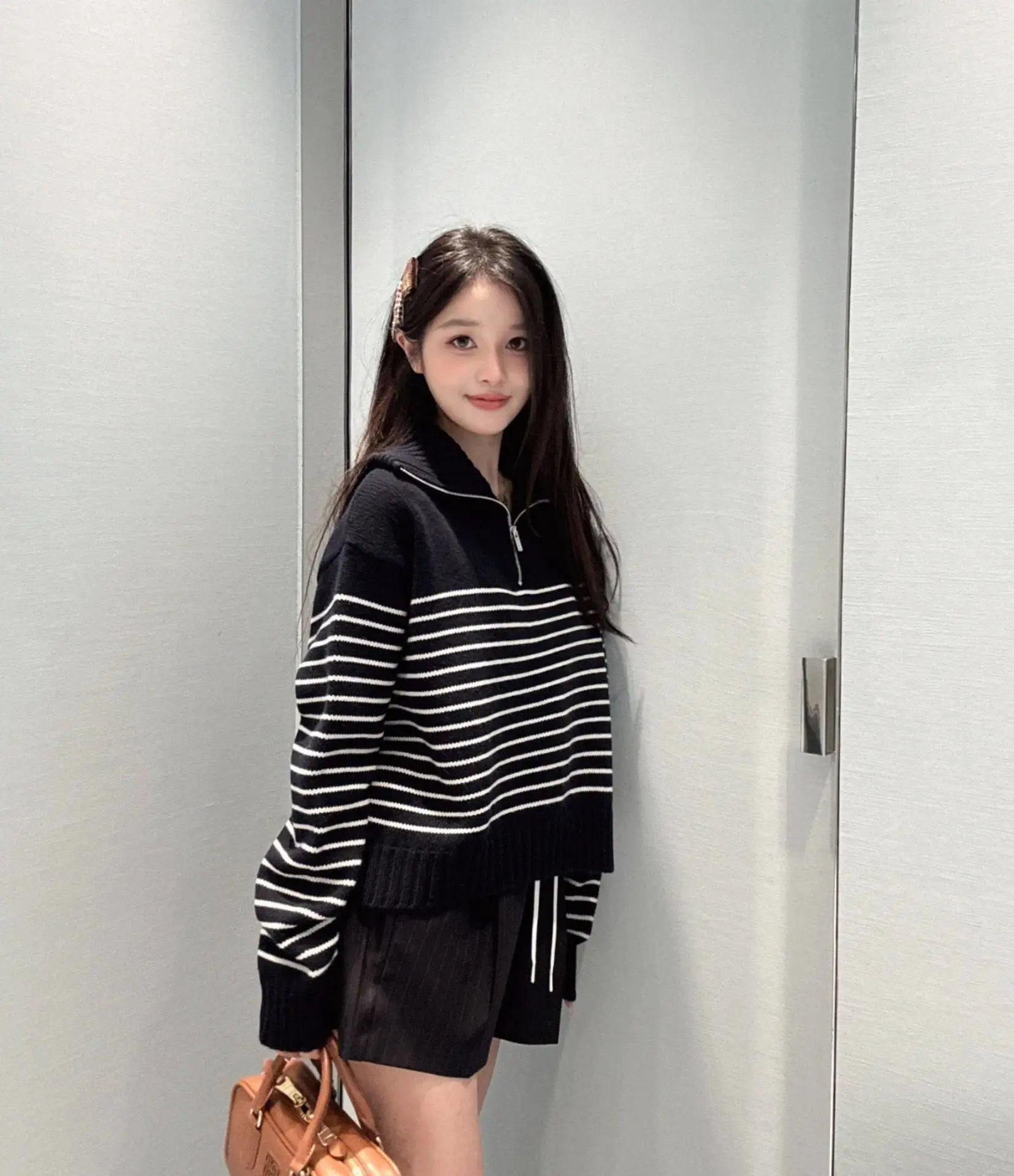 AMA Half-Zip Striped Knit Sweater Navy - 9