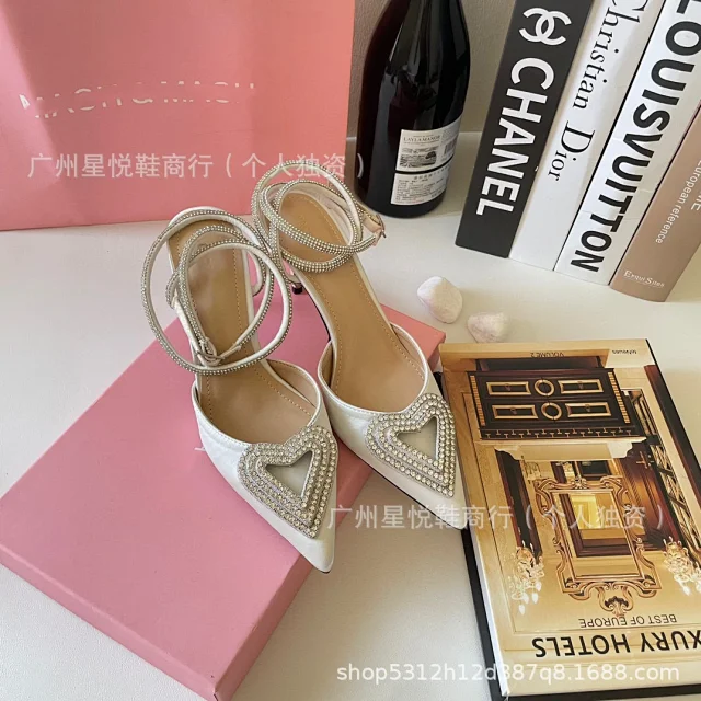 Unbranded High Heels Pointed-Toe Satin Pumps with Rhinestone Heart Detail and Ankle Wrap Straps product detail image 14