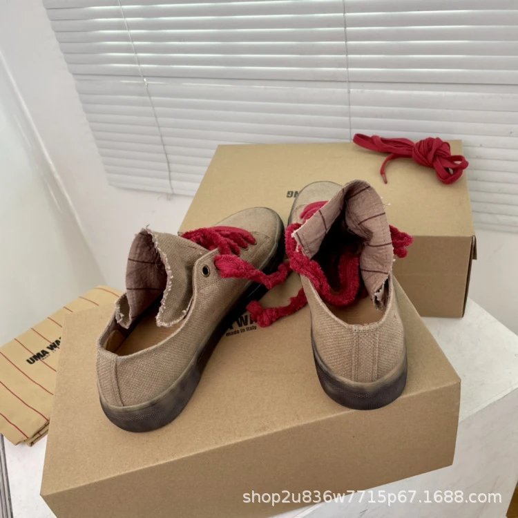 UMA Wang Canvas Sneakers Beige with Red Laces Casual Shoes - 6