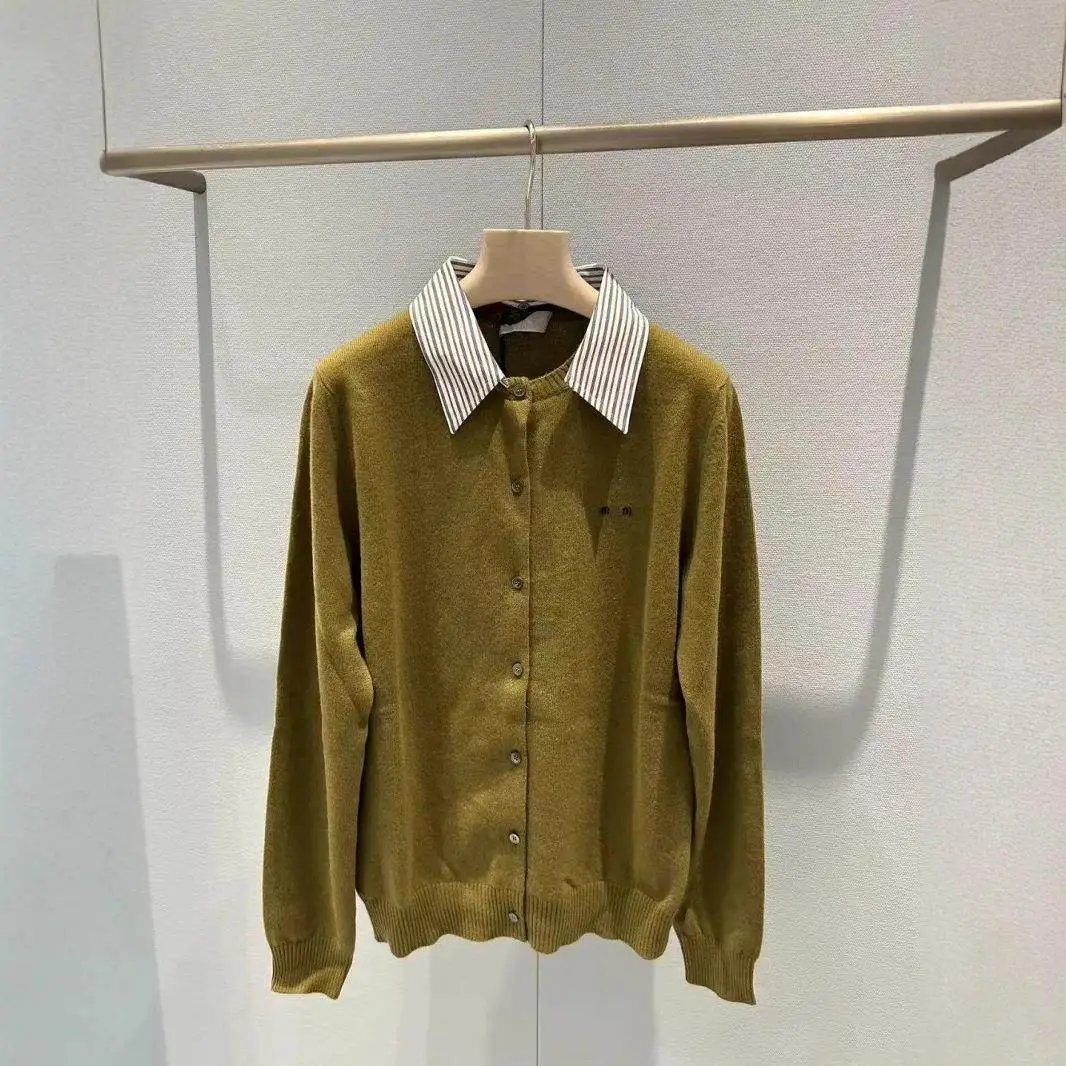 Brown Knit Cardigan with Striped Collar Shirt Layering Skirt Set - 3