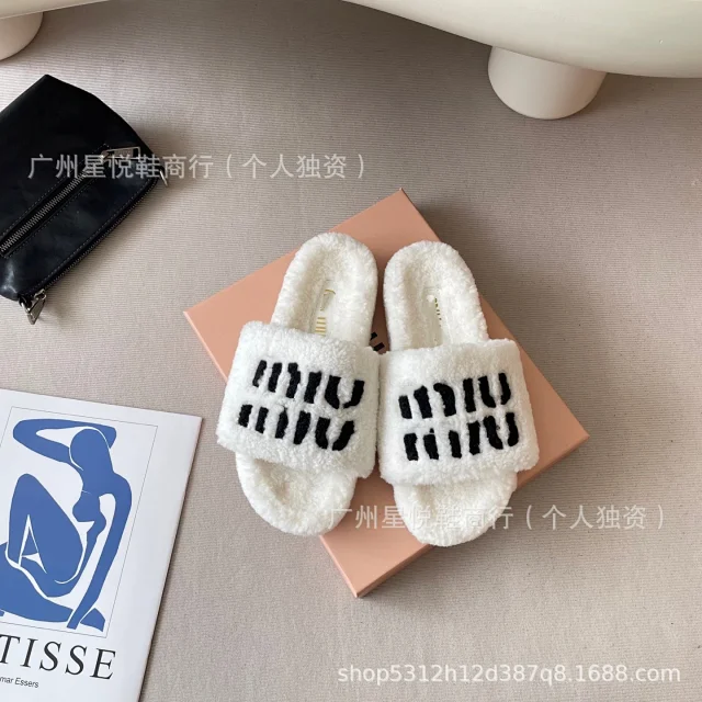 Miu Slippers Shearling Logo Slides product detail image 7