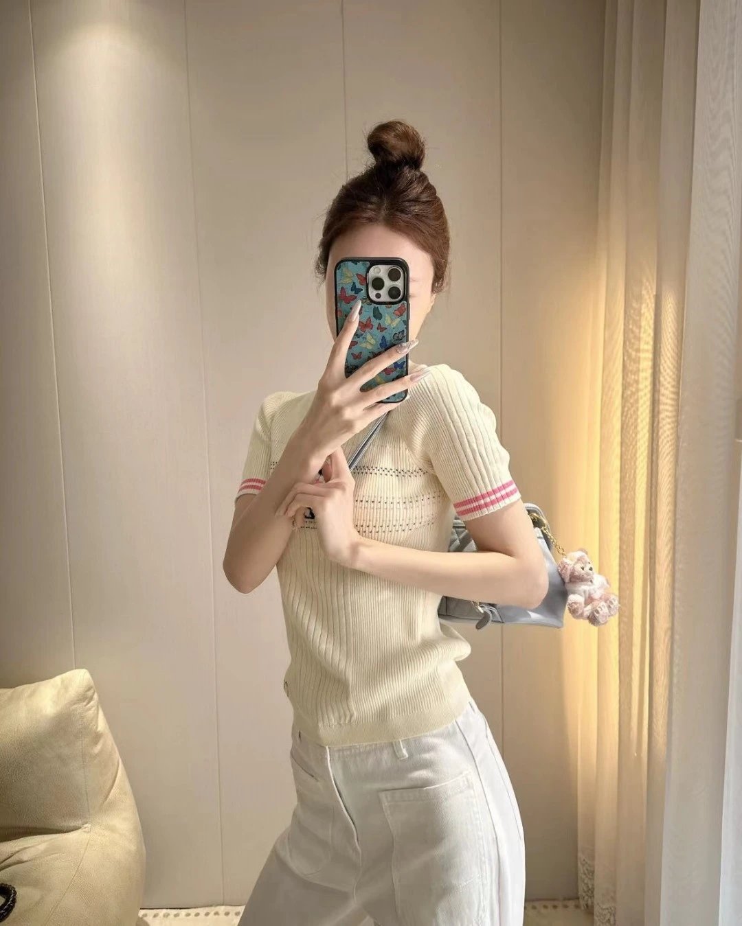 Design Fish Embroidery Ribbed Knit T-Shirt Beige - 4