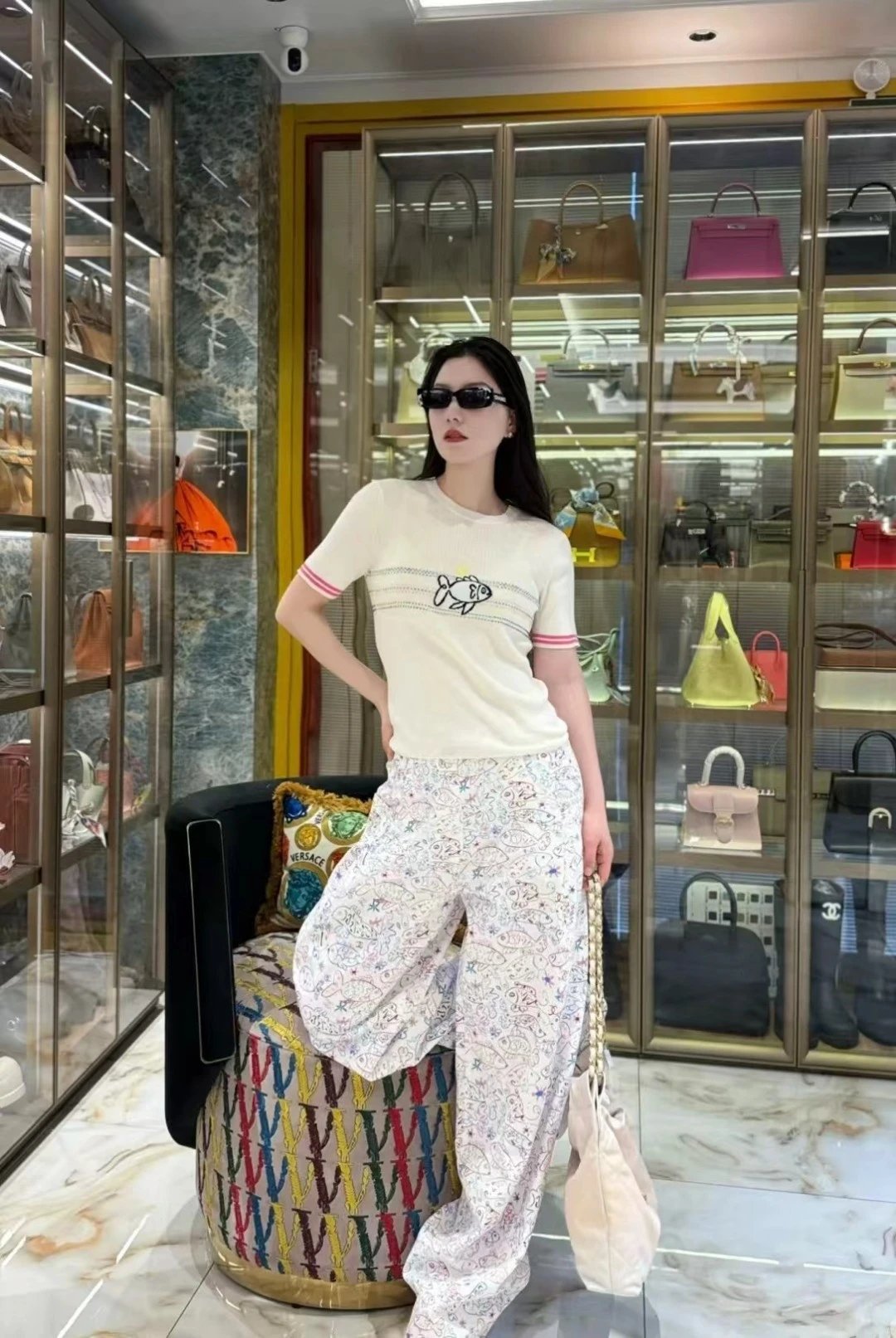 Design Fish Embroidery Ribbed Knit T-Shirt Beige - 6