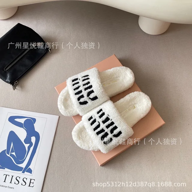 Miu Slippers Shearling Logo Slides product detail image 8