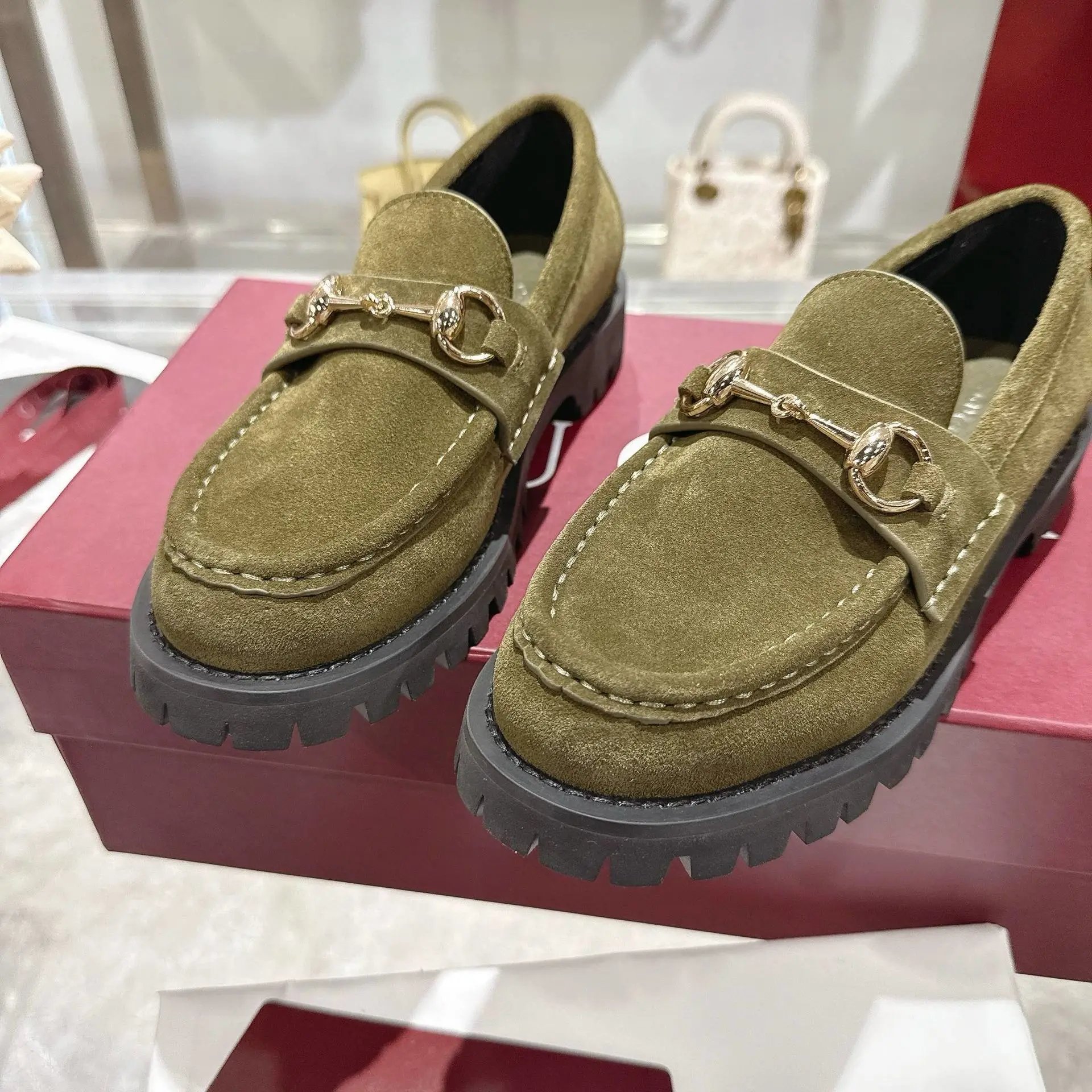 Gucci Horsebit Loafer Olive Green Suede Chunky Sole Loafers - 6