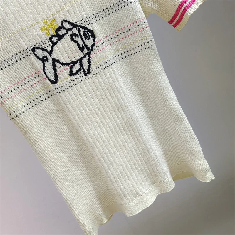 Design Fish Embroidery Ribbed Knit T-Shirt Beige - 15