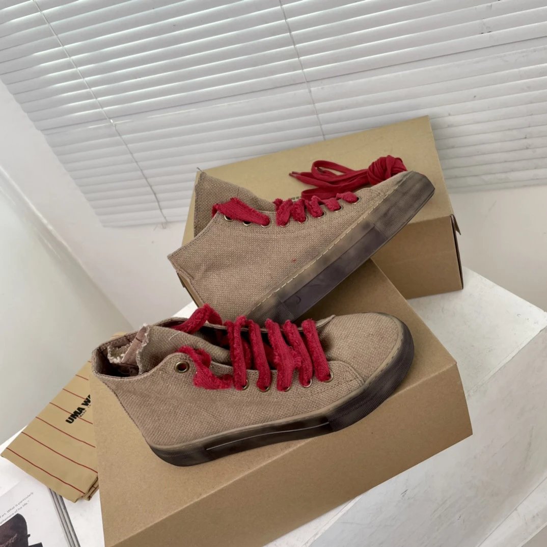 UMA Wang Canvas Sneakers Beige with Red Laces Casual Shoes - 21