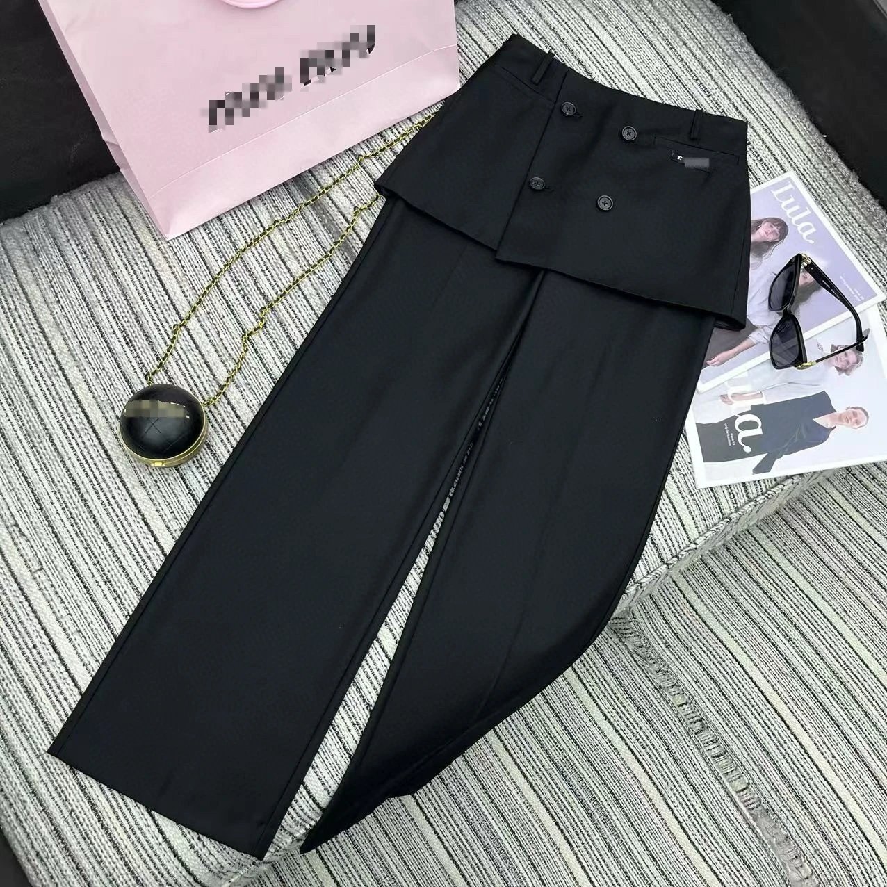 Design Pleated Waistband Wide-Leg Pants Black - 4