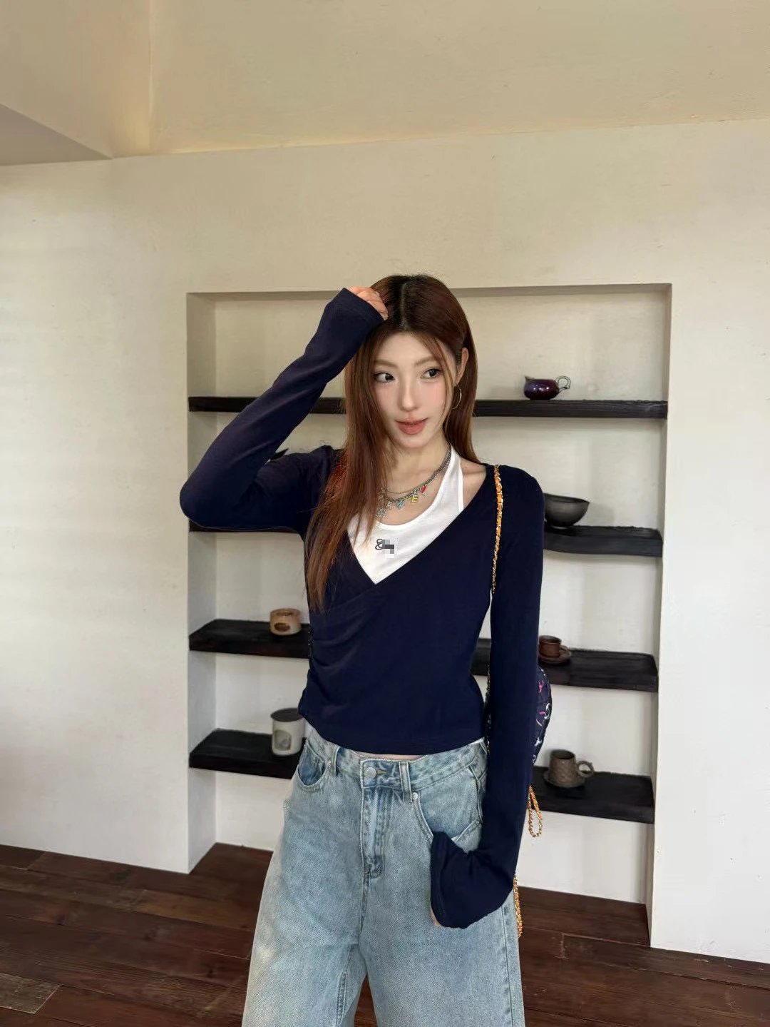 Off-White Wrap Crop Top in Gray with White Inner Layer and Logo Waistband - 5
