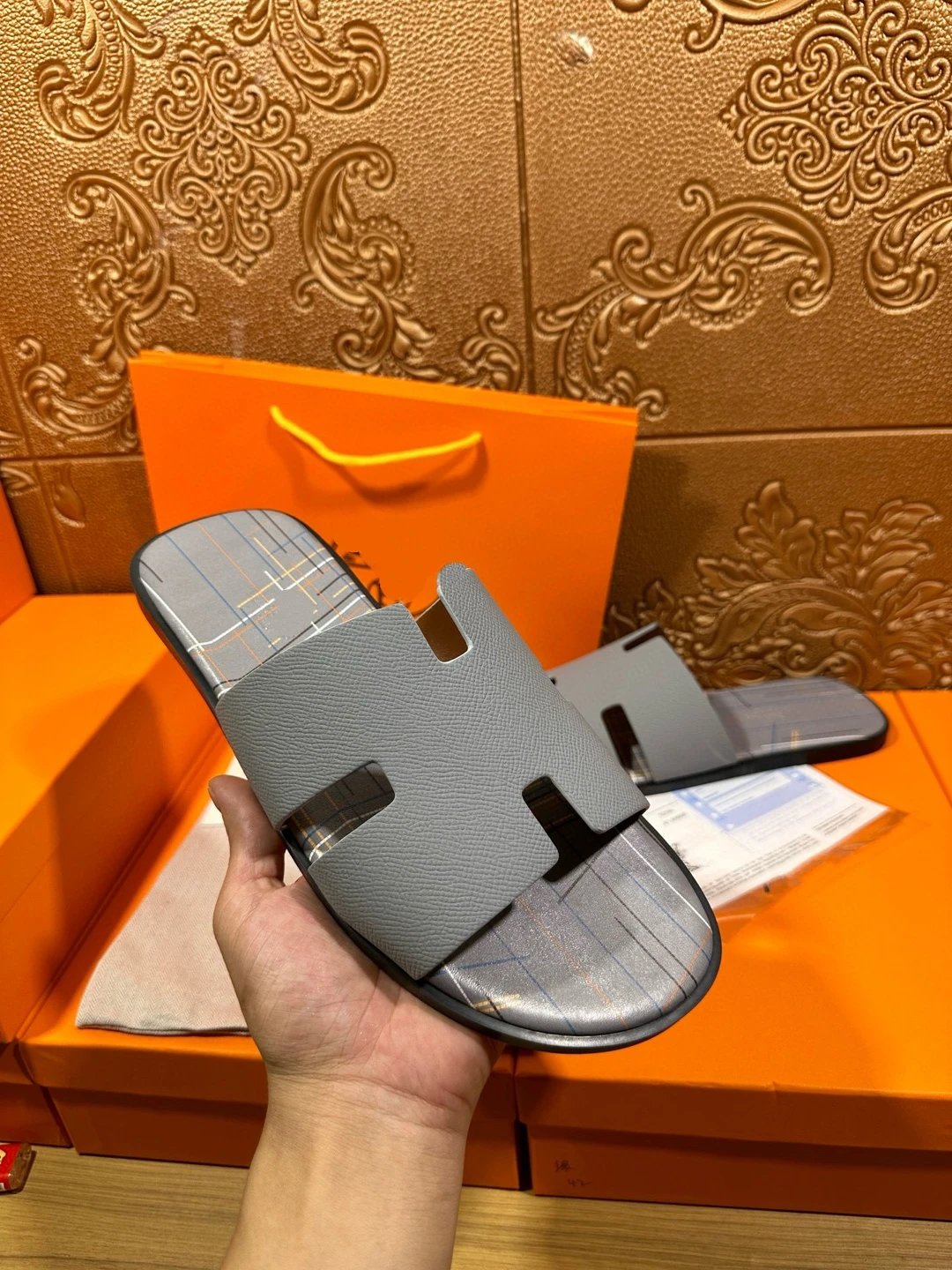 Hermès Oran Slide Navy Python-Embossed Plaid Slipper - 5