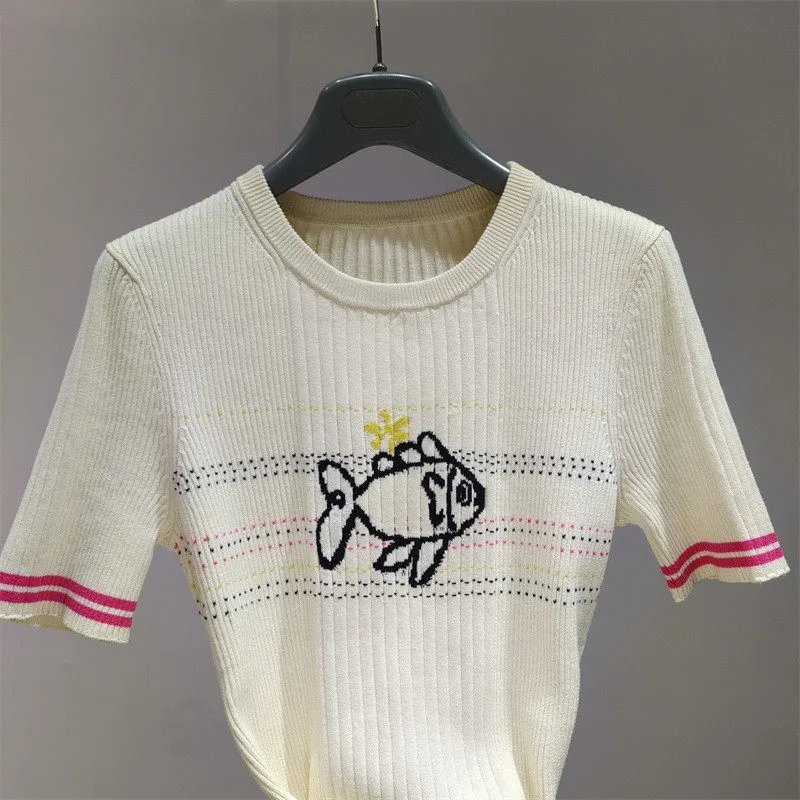 Design Fish Embroidery Ribbed Knit T-Shirt Beige - 14
