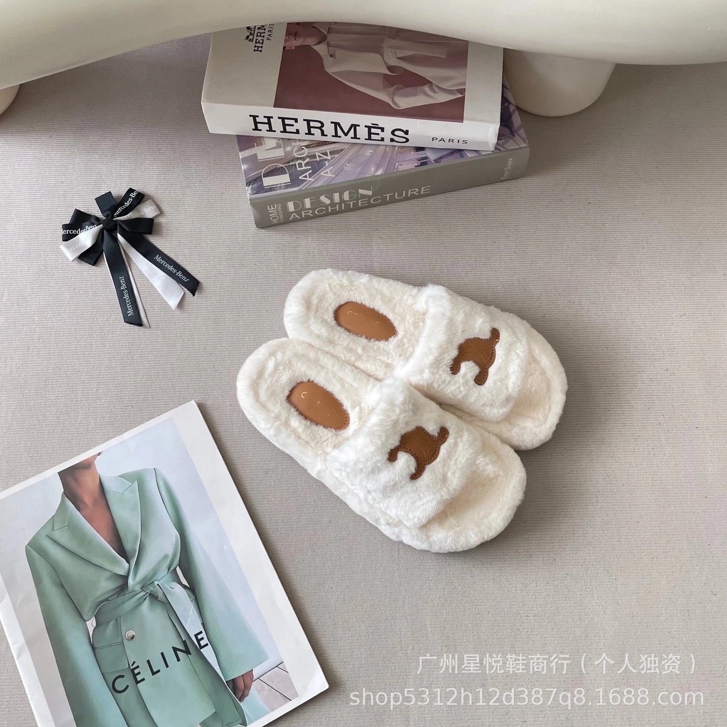 Celine Triomphe Logo Faux Fur Slippers White - 10