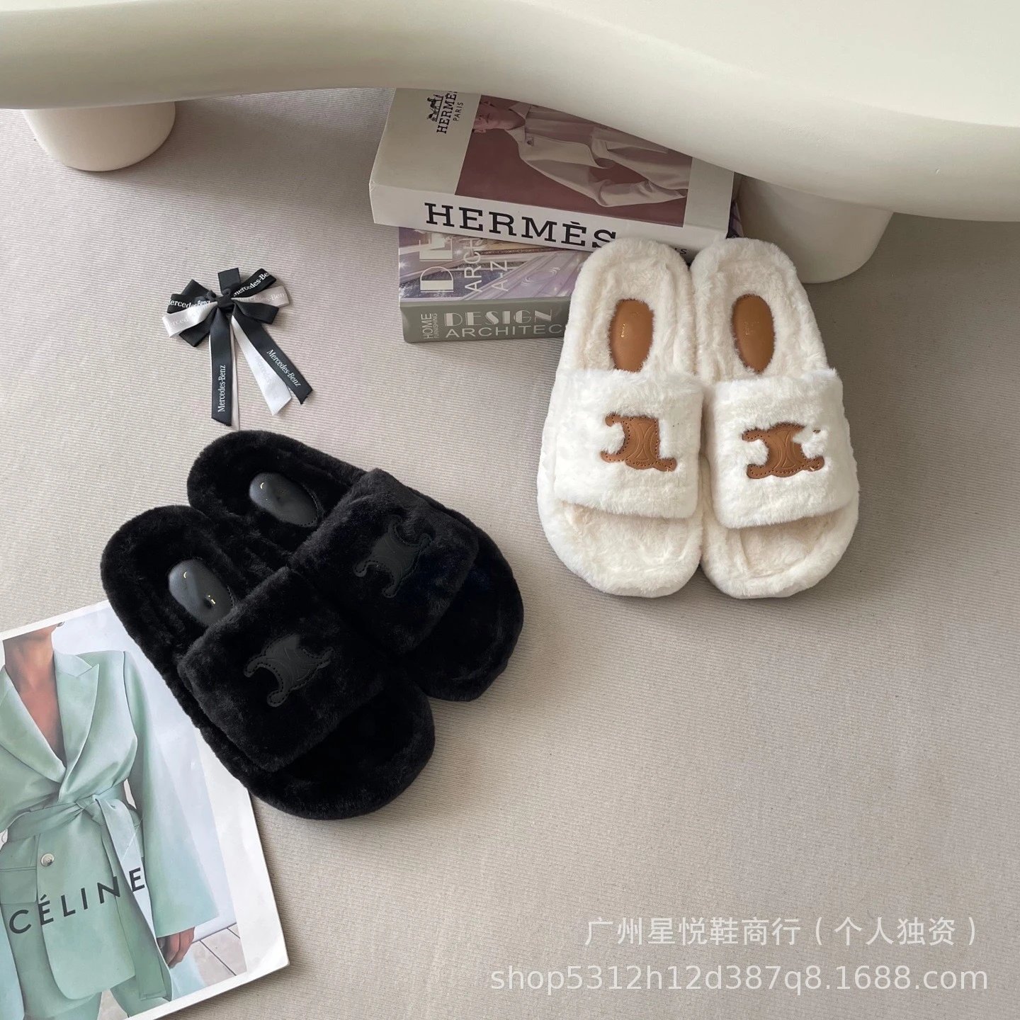 Celine Triomphe Logo Faux Fur Slippers White - 3