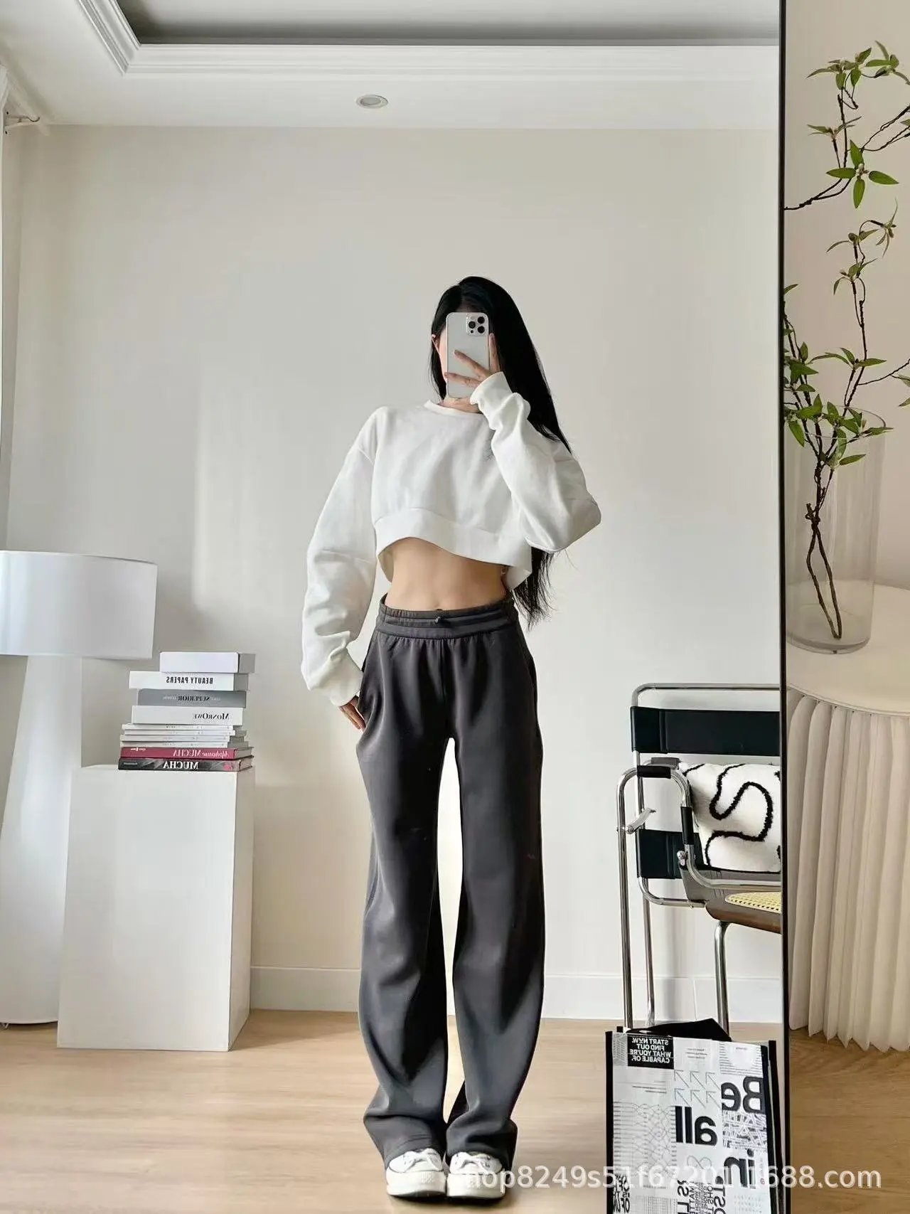 Design Wide-Leg Elastic Waist Pants Beige - 27