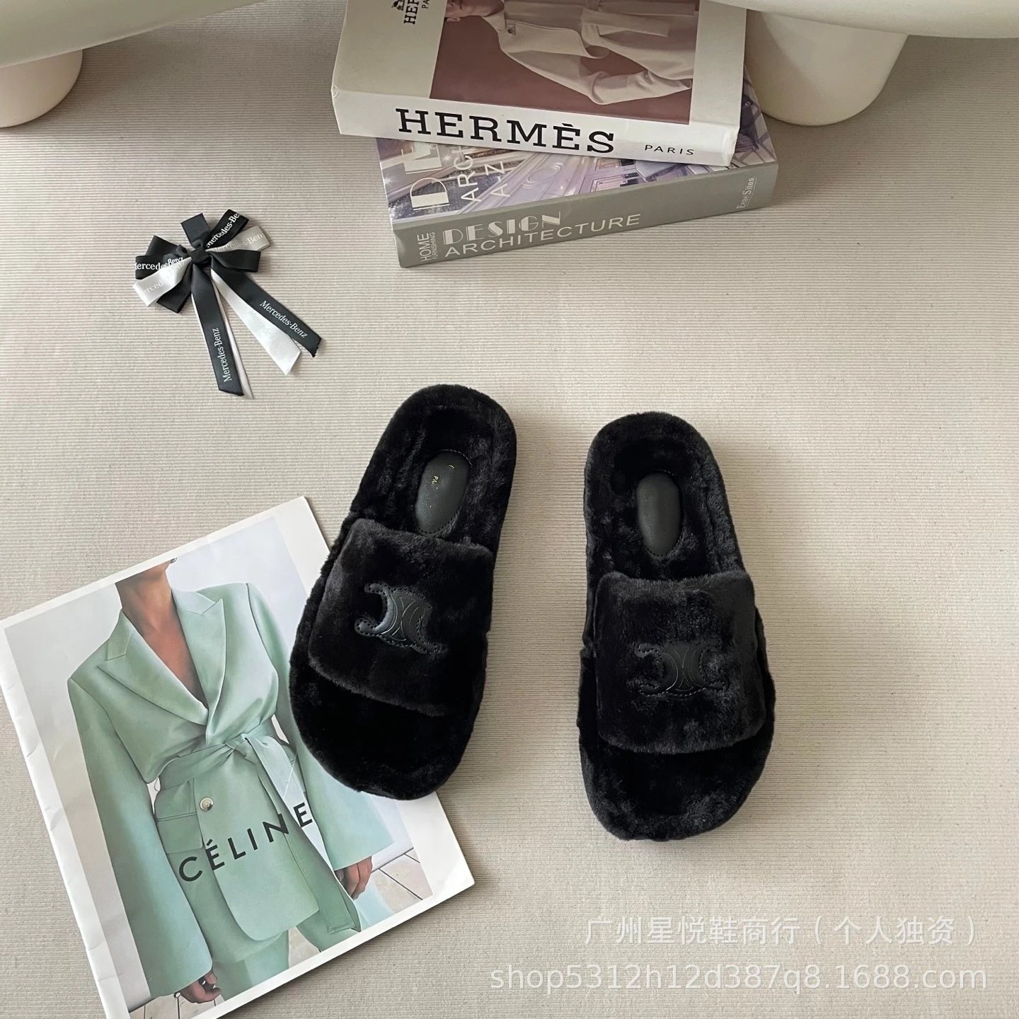 Celine Triomphe Logo Faux Fur Slippers White - 6
