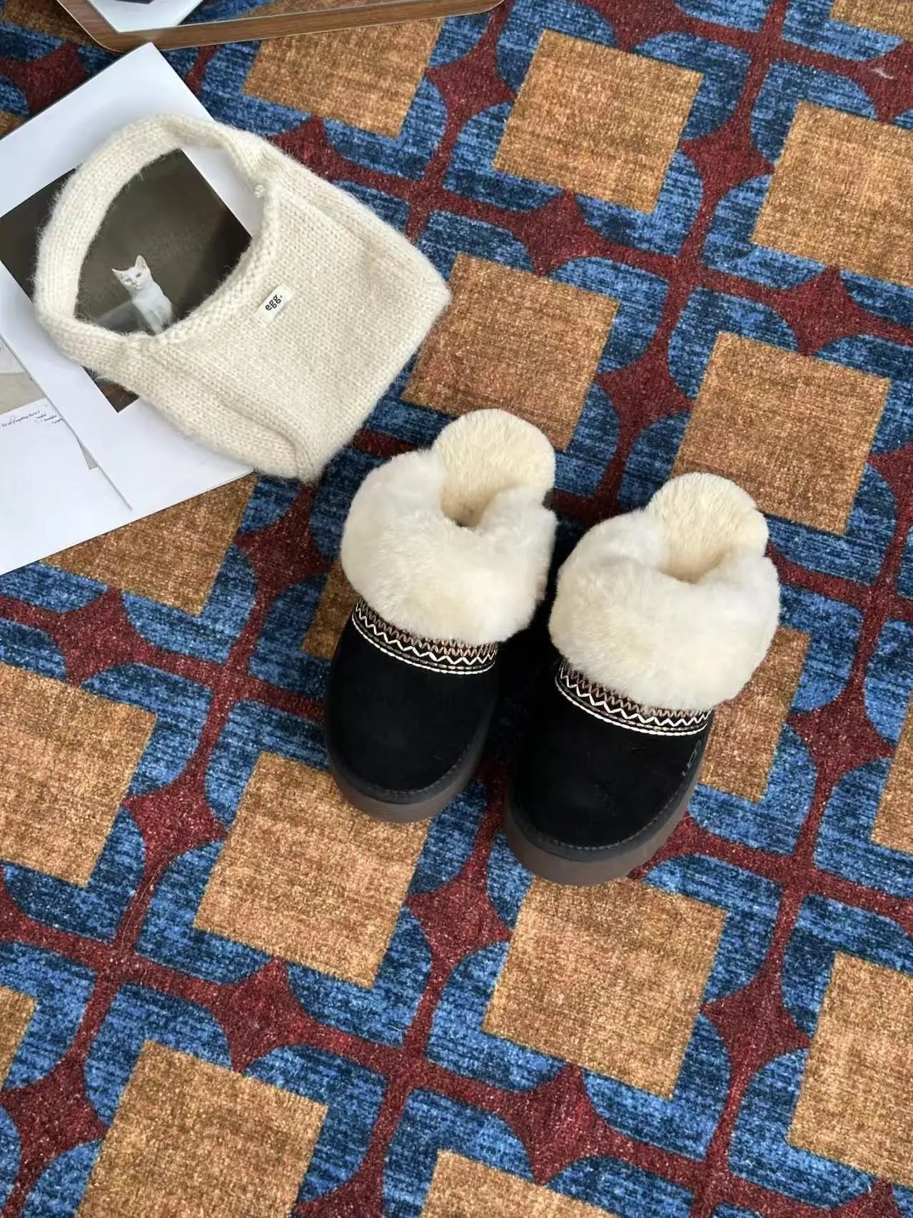 UGG Classic Mini Shearling Trim Black Boots - 7