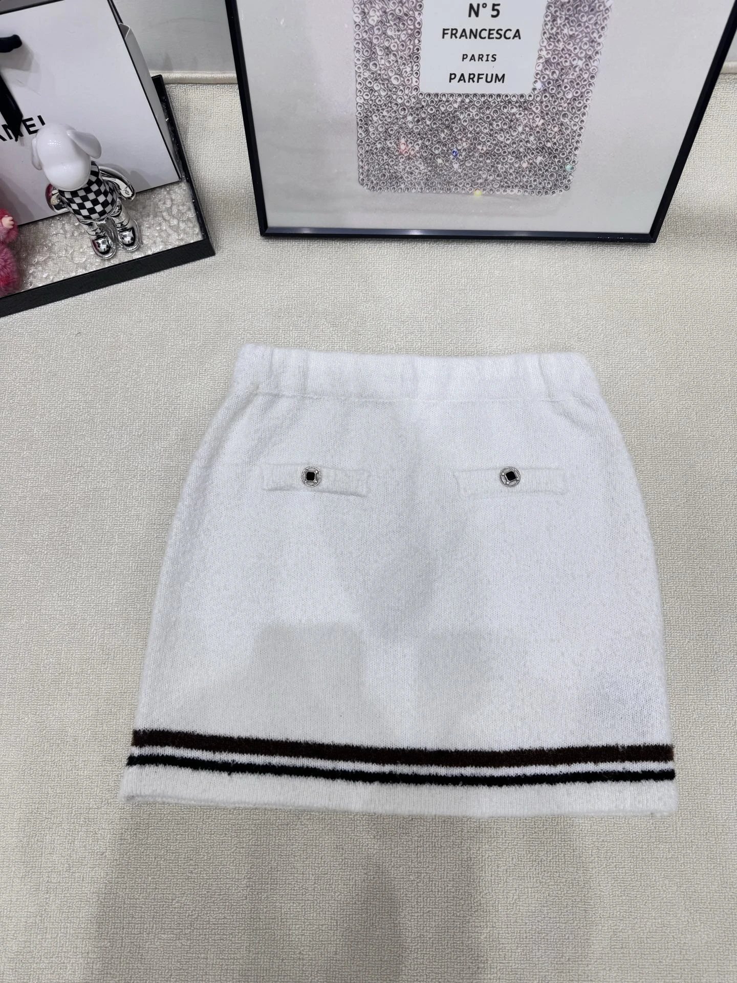 Off-White Tweed Mini Skirt with Black Stripes and Metal Buttons - 10