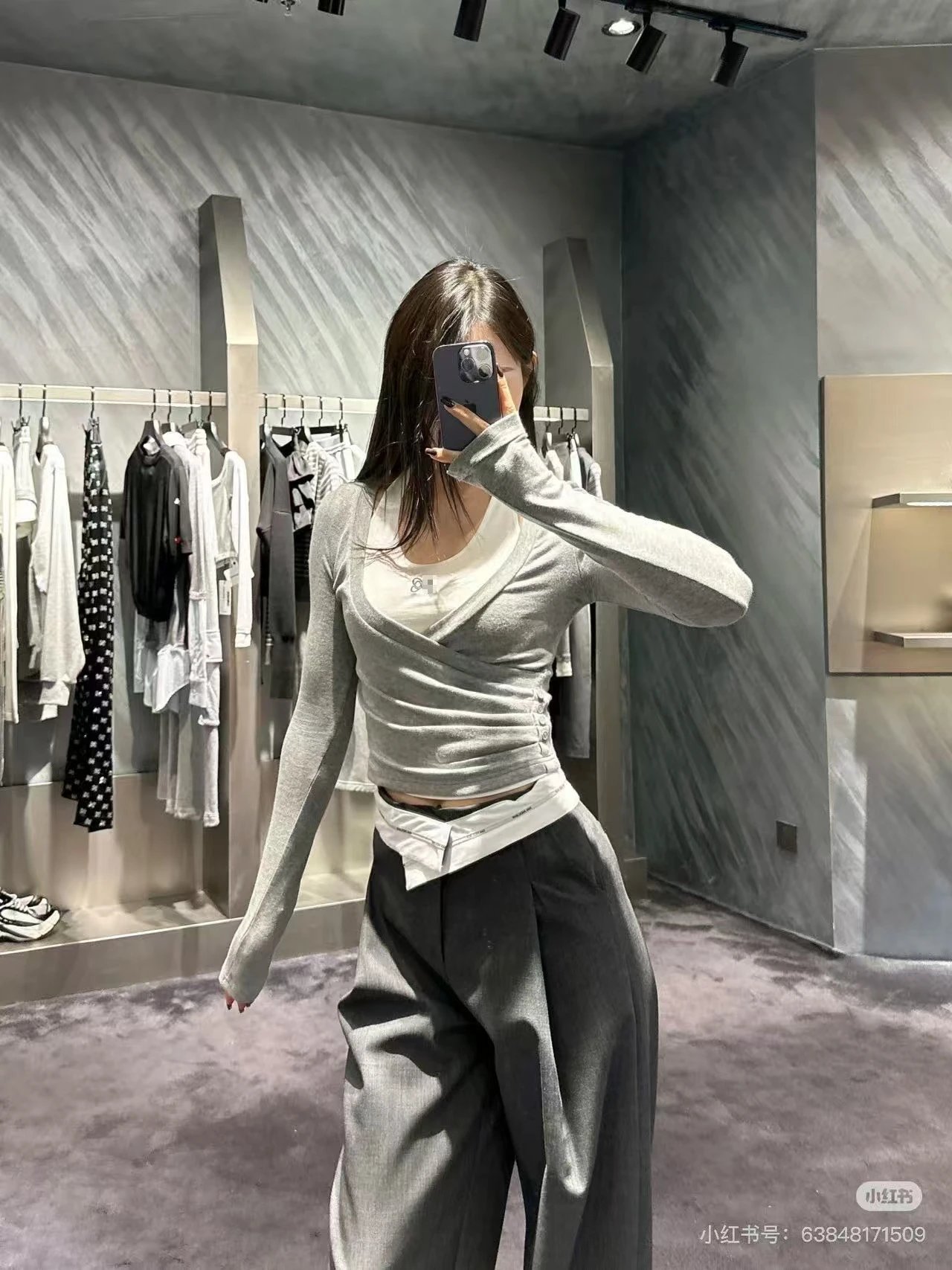 Off-White Wrap Crop Top in Gray with White Inner Layer and Logo Waistband - 7