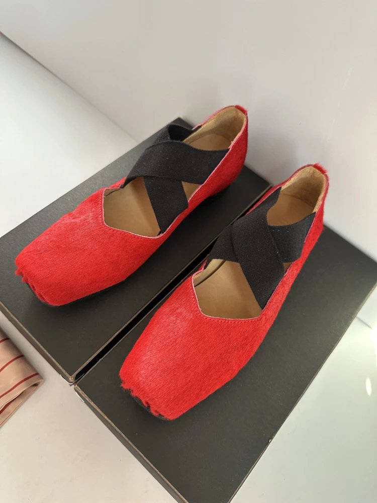 Design Mary Jane Flats Beige Suede with Black Strap Casual Shoes - 36