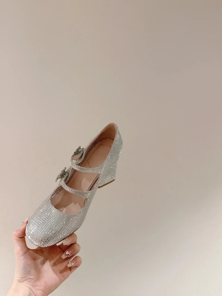 Chanel Mary Jane Heels Silver Glitter Crystal-Embellished Block Heels - 47