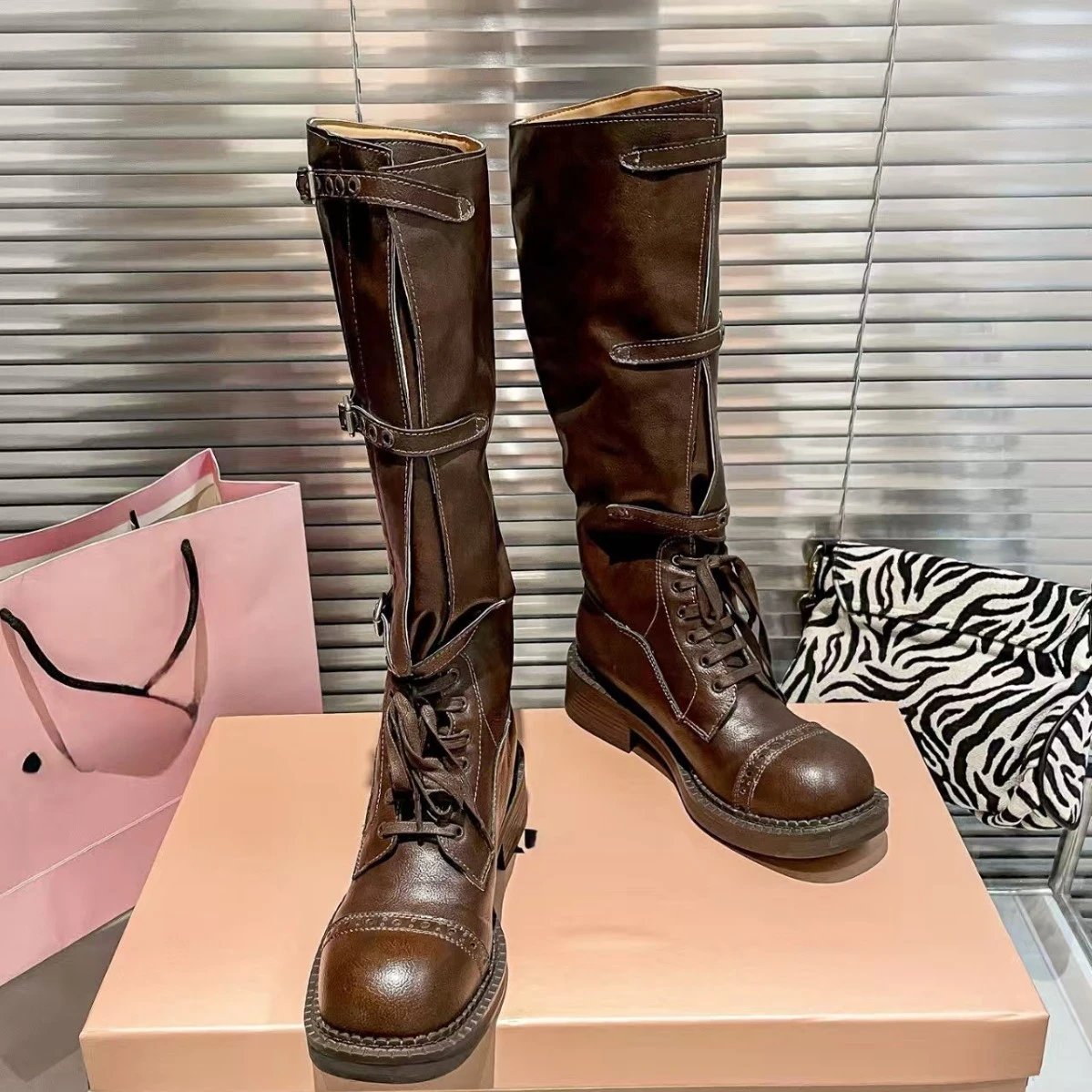 Miu Boots Knee-High Lace-Up Buckle image 1