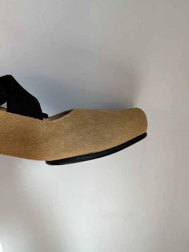 Design Mary Jane Flats Beige Suede with Black Strap Casual Shoes - 24