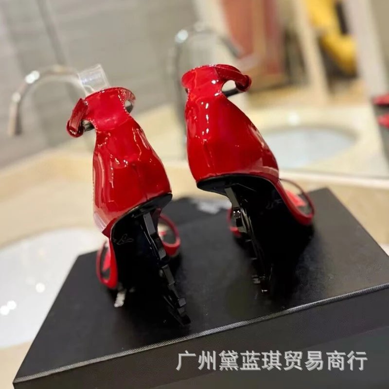 Red Patent Leather Square-Toe Ankle-Strap Block Heels - 4