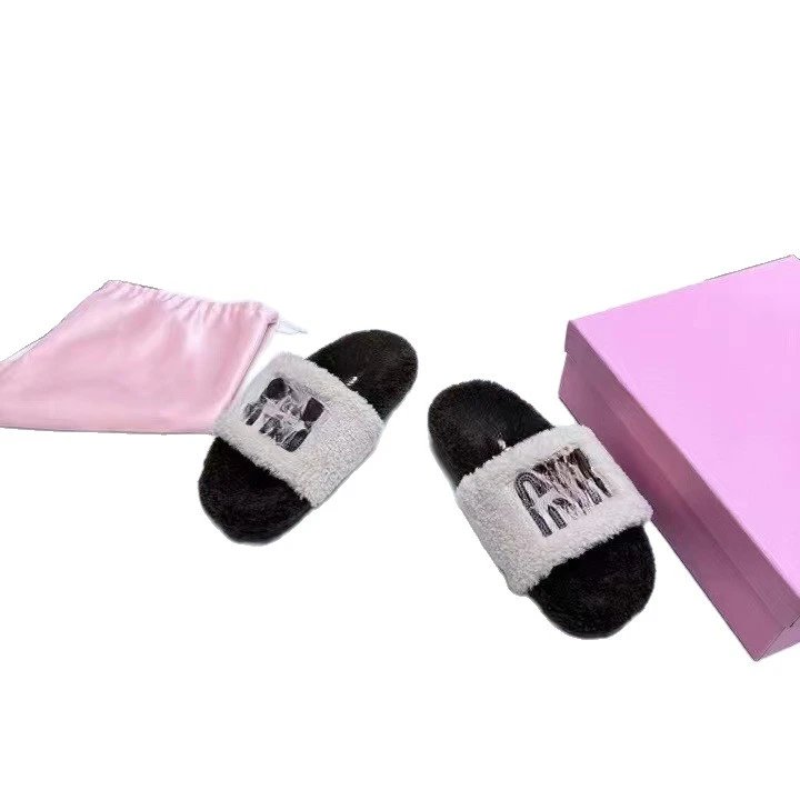 Miu Slippers Faux-fur open-toe slide with logo strap image 5