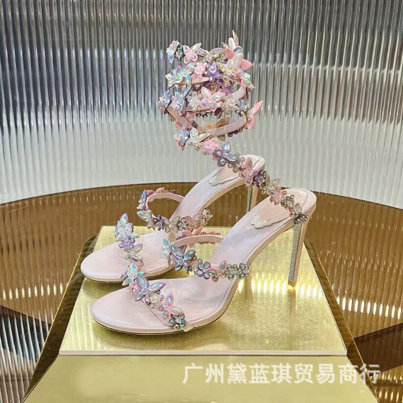 Handcrafted Floral Embellished Lilac Block Heel Sandals - 3