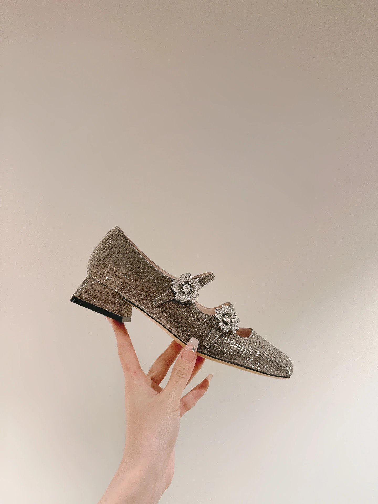 Chanel Mary Jane Heels Silver Glitter Crystal-Embellished Block Heels - 37
