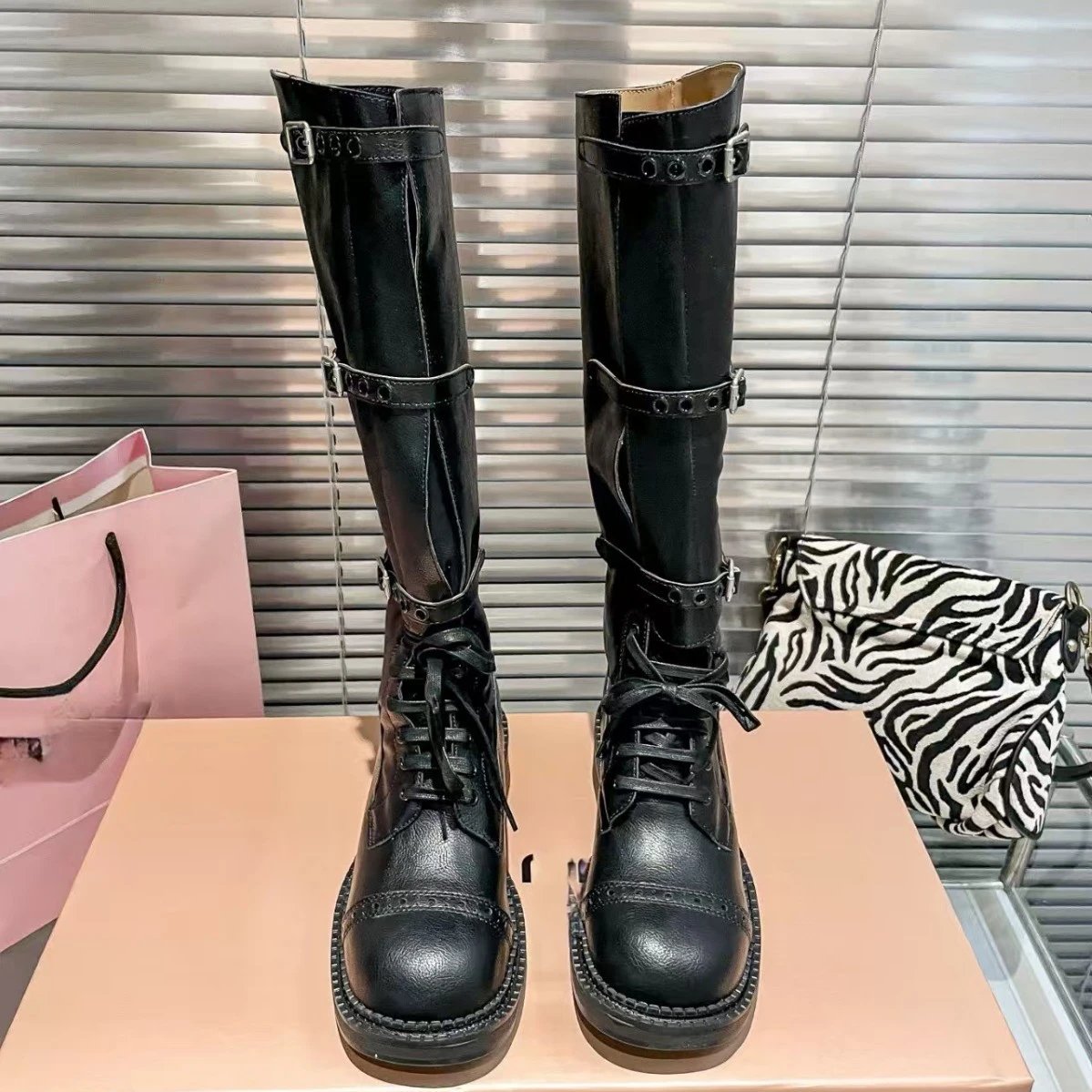 Miu Boots Knee-High Lace-Up Buckle image 3
