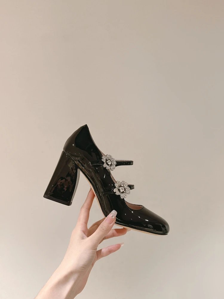 Black Patent Leather Mary Jane Block Heel Shoes with Crystal Floral