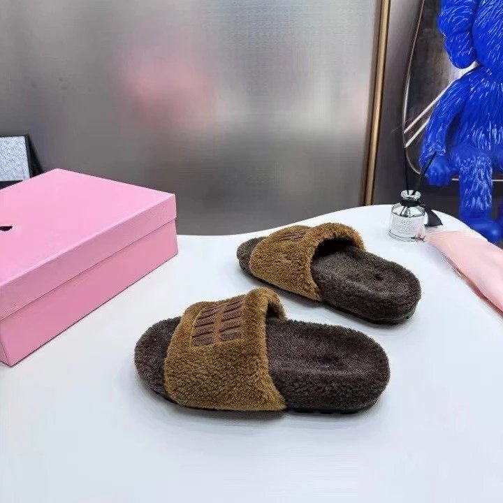 Miu Slippers Faux-fur open-toe slide with logo strap image 3