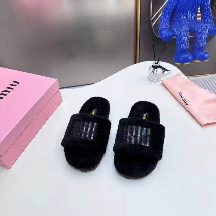 Miu Slippers Faux-fur open-toe slide with logo strap image 4