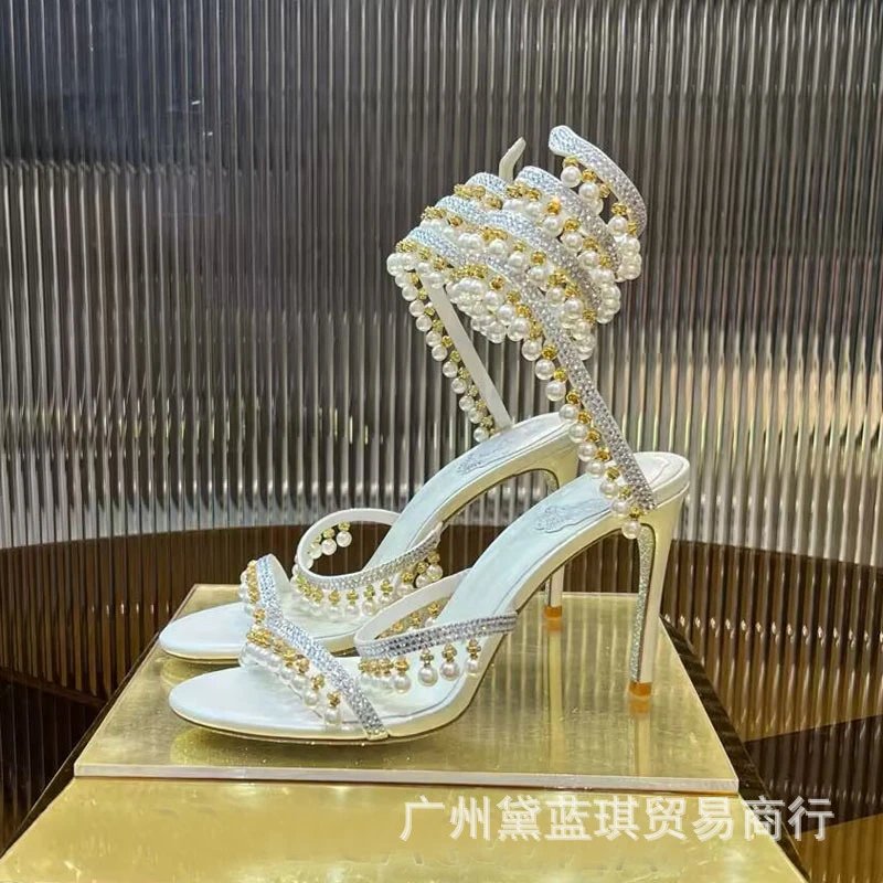 Versace Medusa Sandals White Pearl & Crystal Embellished Heels - 7